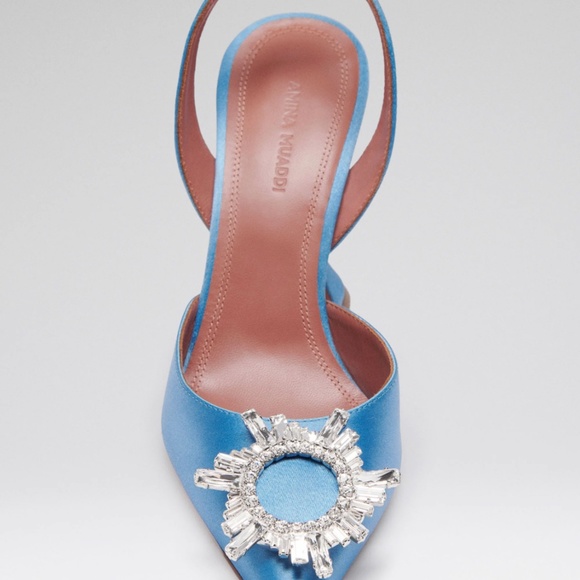 Amina Muaddi Begum baby blue satin slingback heels
